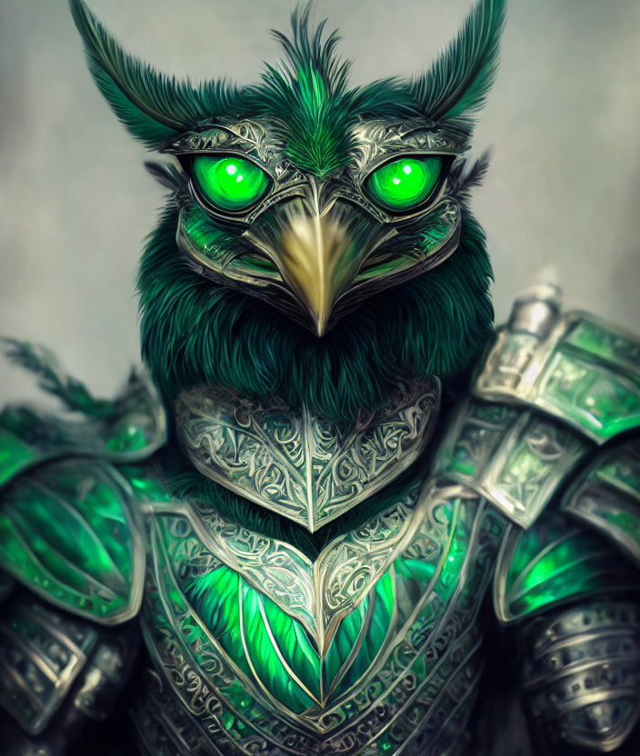 Anthropomorphic owl digital artwork in ornate green armor