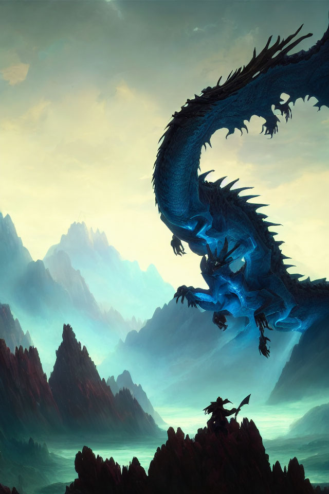 Blue dragon in misty mountain landscape under green sky