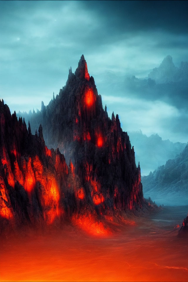Majestic volcanic landscape with glowing lava flows and jagged peaks