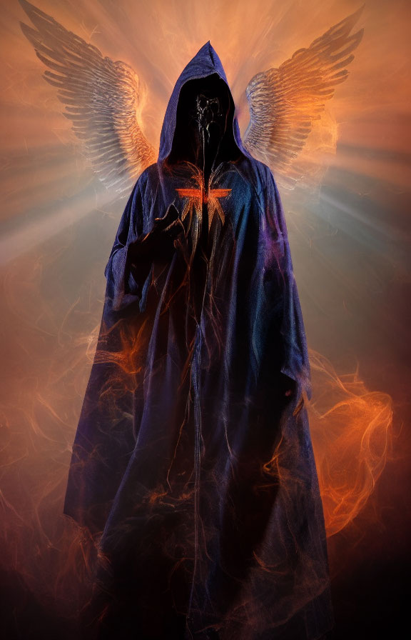 Cloaked Figure with Glowing Angel Wings in Mystical Scene