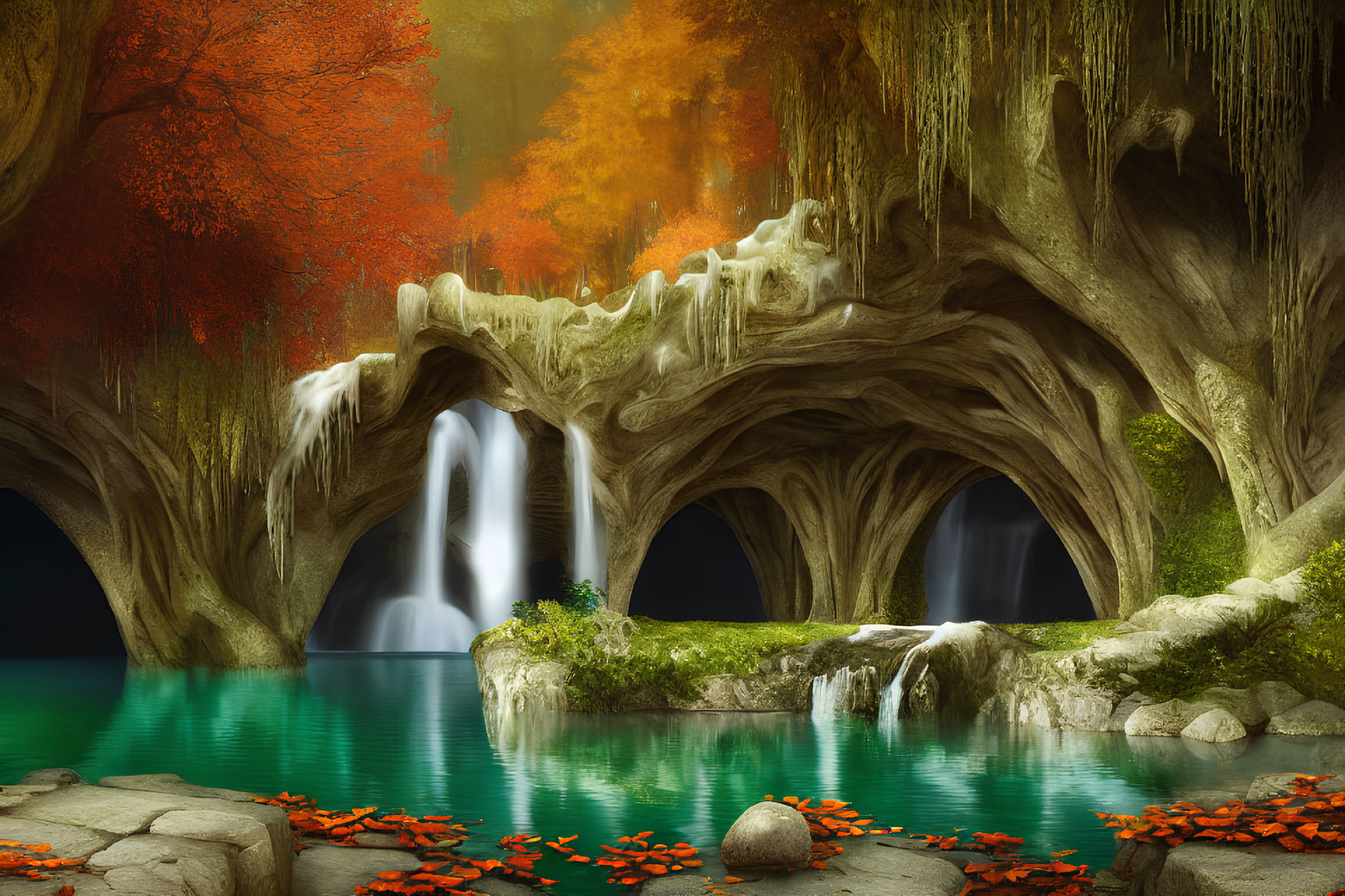 Fantasy landscape with tree-entwined waterfall and emerald pool surrounded by autumnal foliage.