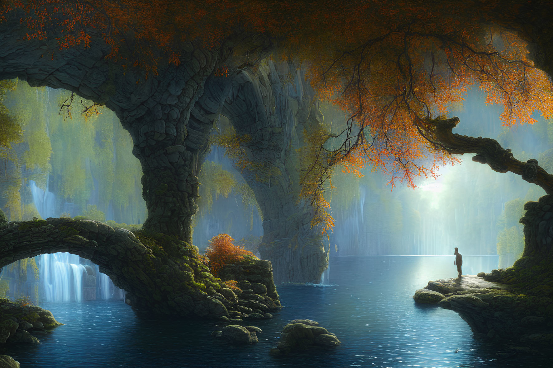 Tranquil lakeshore with stone arches, cascading waterfalls, and orange-leaved