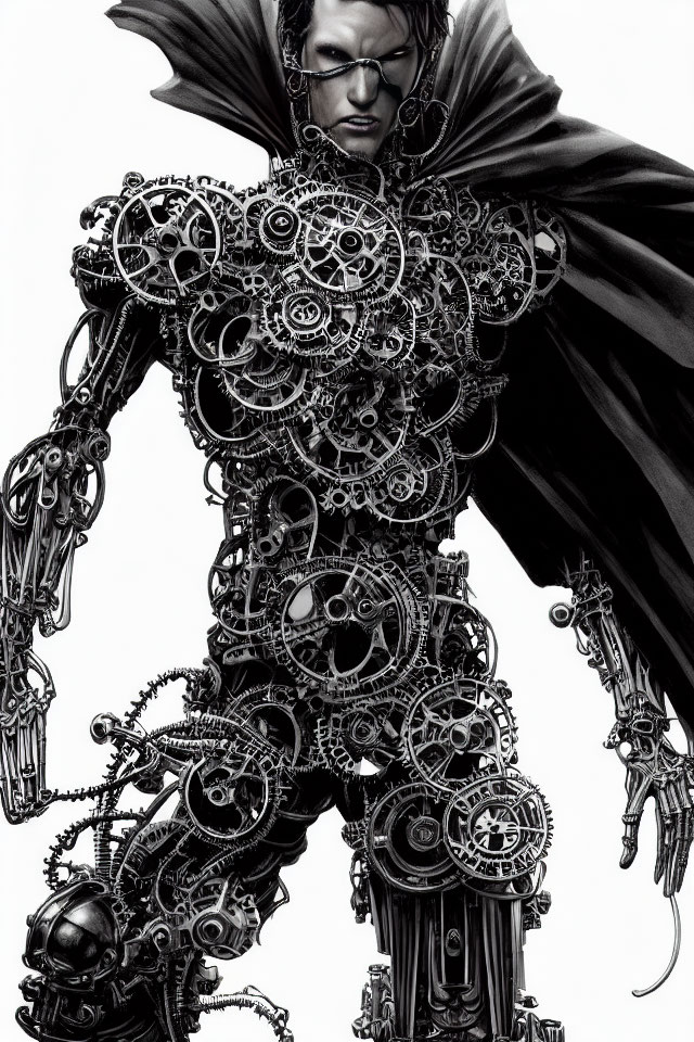 Detailed Steampunk Mechanical Humanoid Figure with Dark Cloak