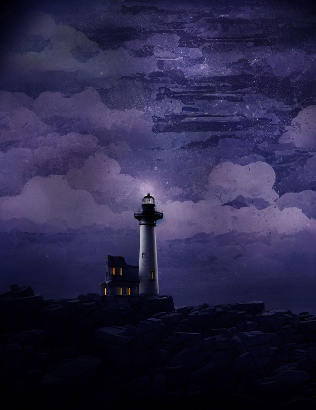 Tall lighthouse on rocky shore with beaming light in starry dusk sky