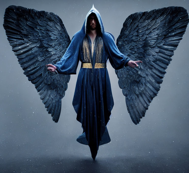 Person with Large Feathered Wings in Blue Robe and Gold Details Against Dark Background