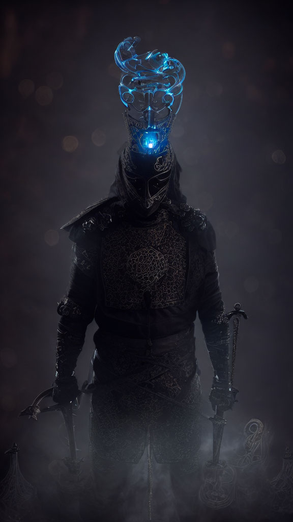 Mysterious Dark Armored Figure with Glowing Blue Aura