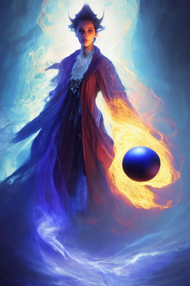Mystical figure in elaborate robes with radiant blue and fiery orange energy swirling around a glowing orb