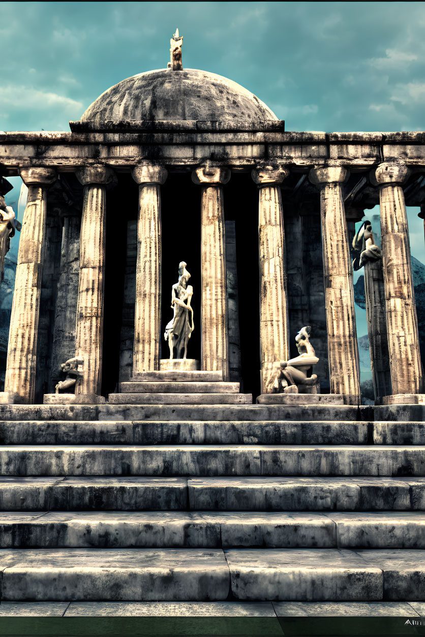 Classical Greek temple with columns, sculptures, and dome against clear sky