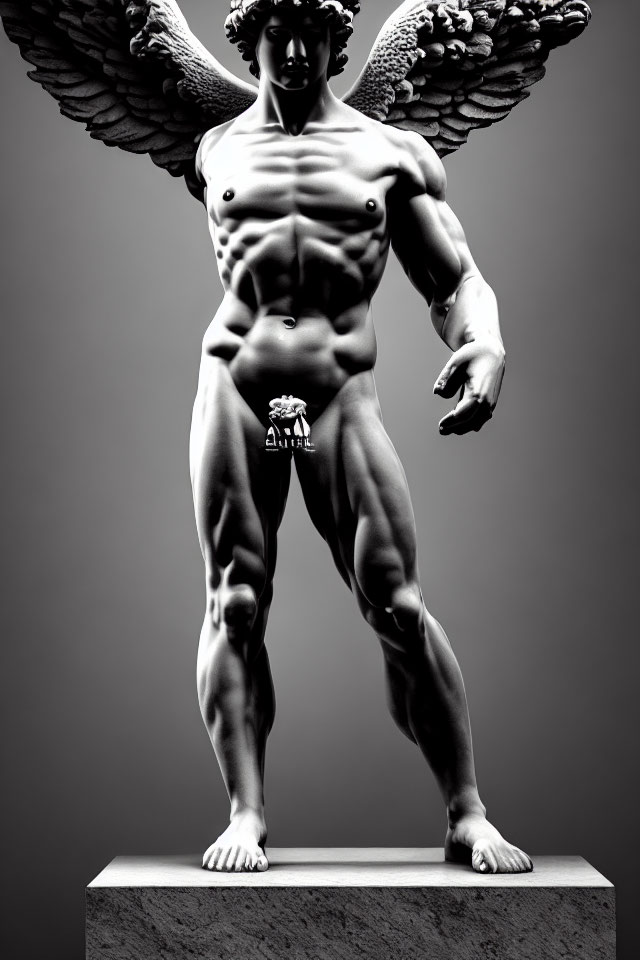 Monochrome statue of muscular, winged male figure on pedestal