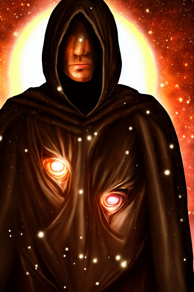 Hooded Figure with Glowing Red Eyes in Fiery Setting