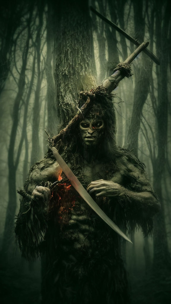 Mystical forest entity with glowing eyes and heart, clad in bark-like skin and moss, wielding