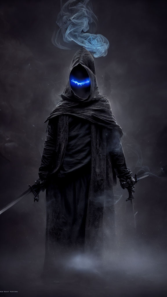 Hooded figure with glowing blue visage holding a sword in dark ambiance