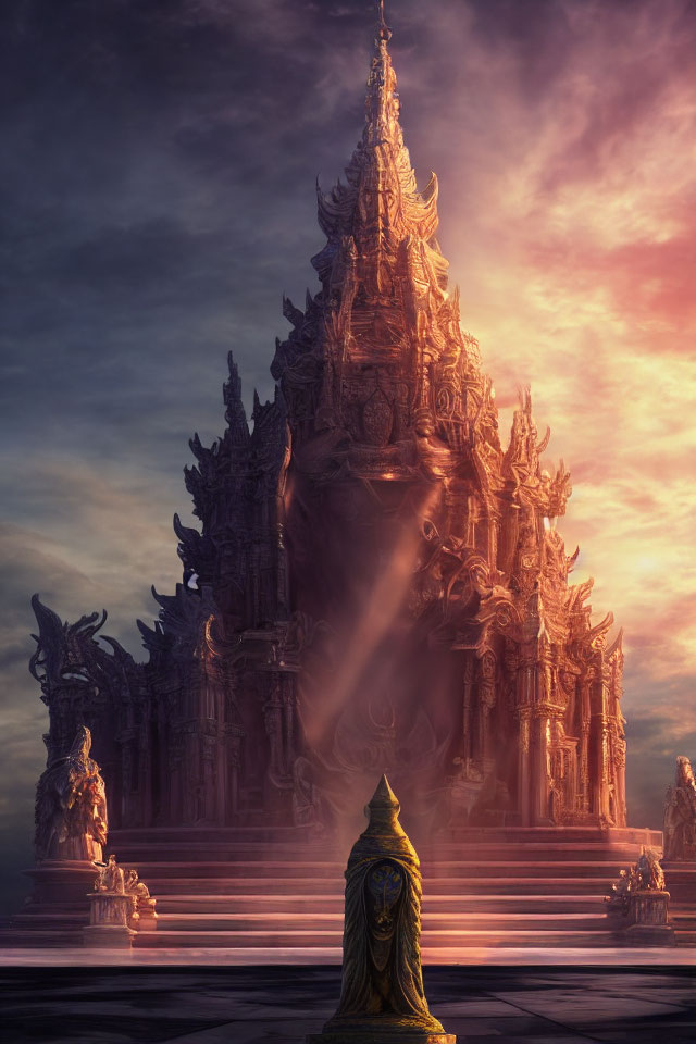 Mystical temple with intricate carvings and cloaked figure in golden light