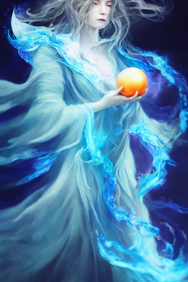 Mystical woman with white hair and robes holding orange orb in blue flames