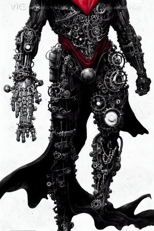 Detailed Black and White Humanoid Figure with Mechanical Gears and Red Accent