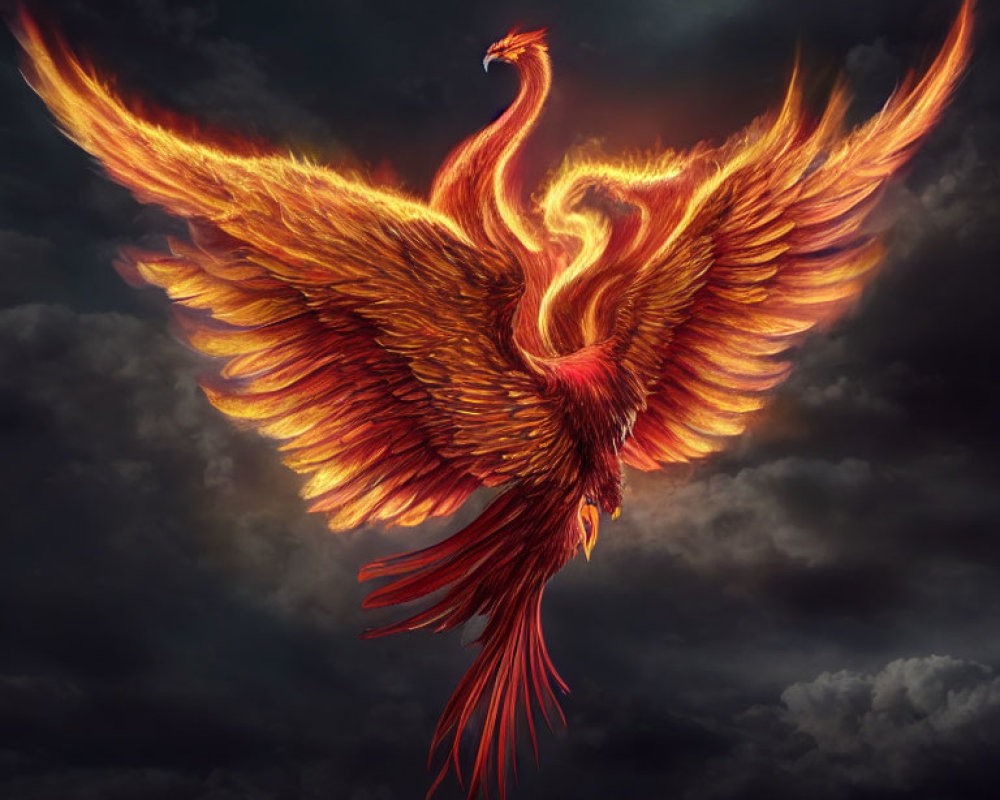 Majestic phoenix with fiery wings soaring in stormy sky