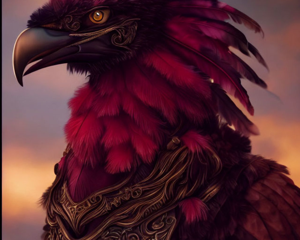 Anthropomorphic bird with red plumes and metallic armor against sunset sky