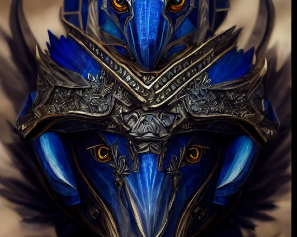 Detailed Fantasy Artwork of Figure in Blue & Silver Avian Armor