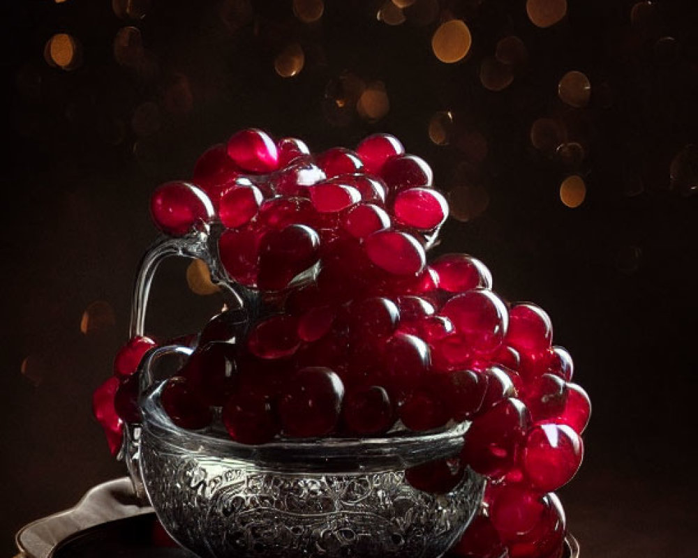 Fresh Red Grapes in Silver Bowl on Plates with Bokeh Background