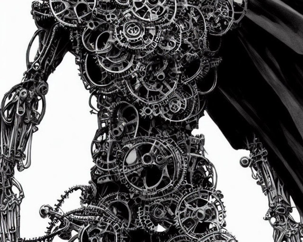 Detailed Steampunk Mechanical Humanoid Figure with Dark Cloak