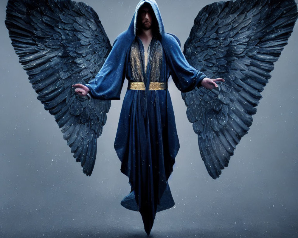 Person with Large Feathered Wings in Blue Robe and Gold Details Against Dark Background