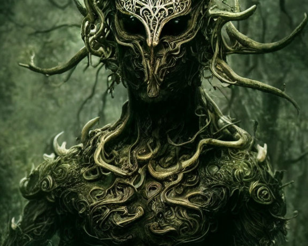 Fantasy creature with twisted horns and tree-like armor in dark forest