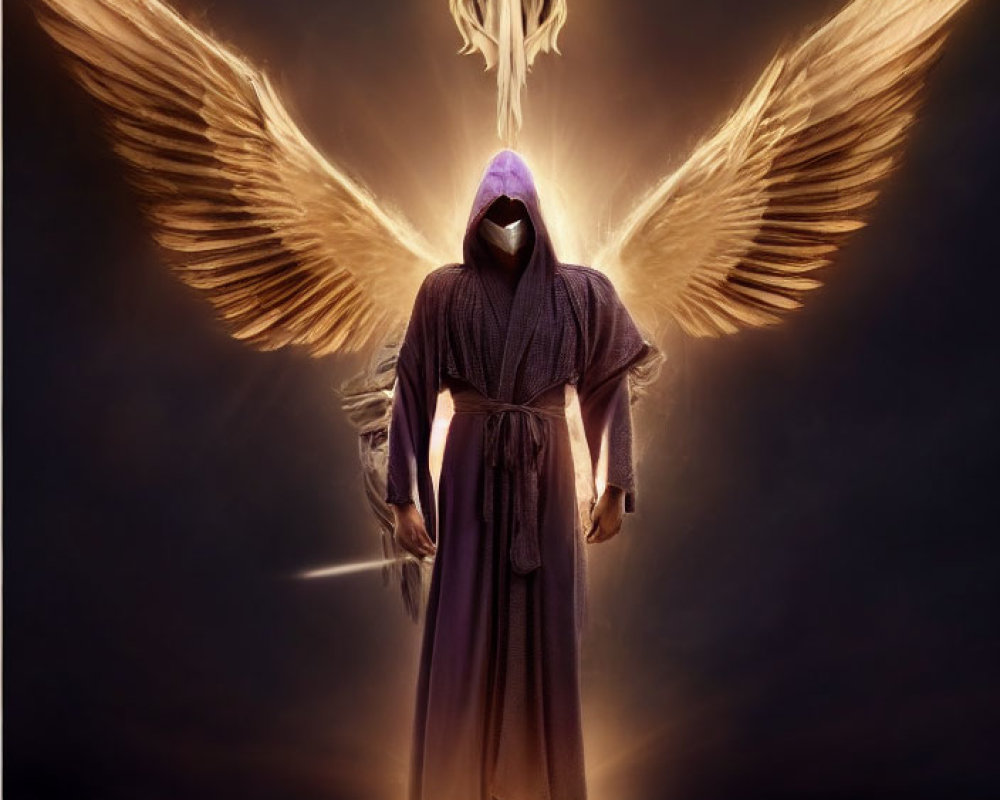 Cloaked figure with glowing eyes and sword before angel wings and mystical emblem.