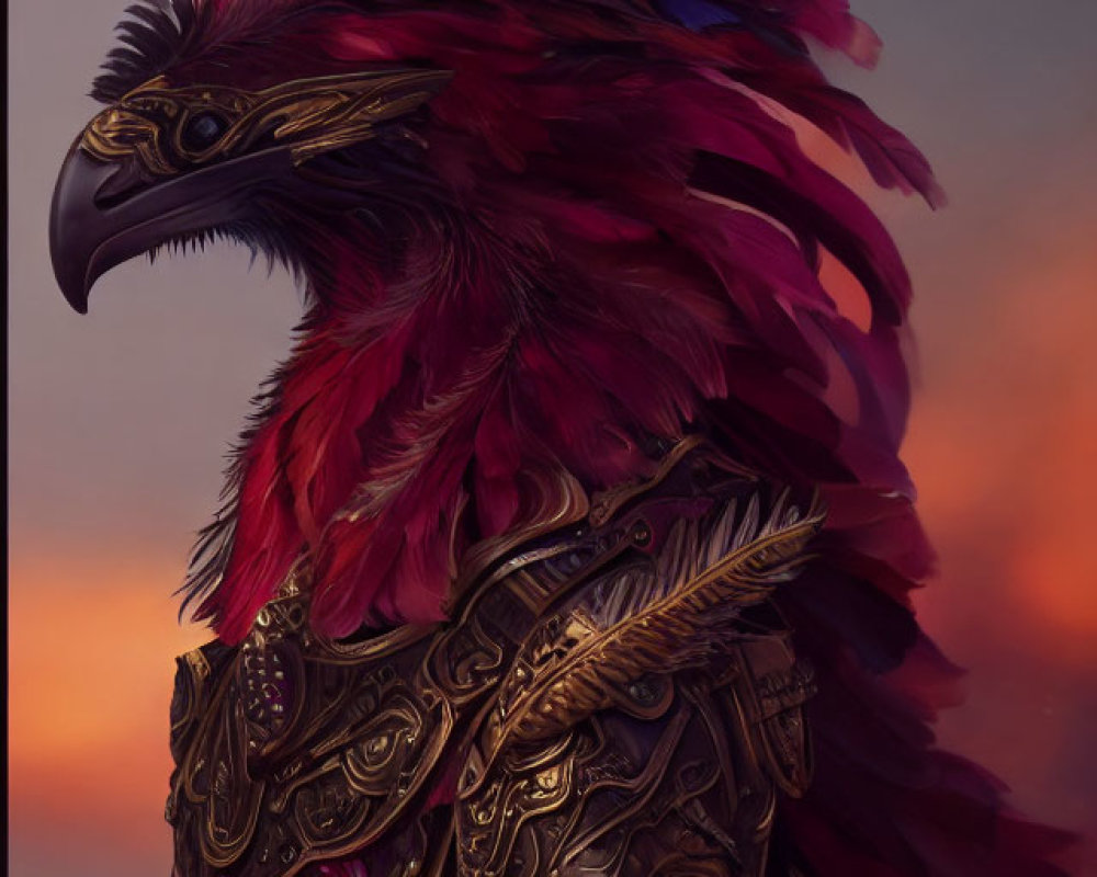 Regal bird with sharp beak in golden armor against dusky sky