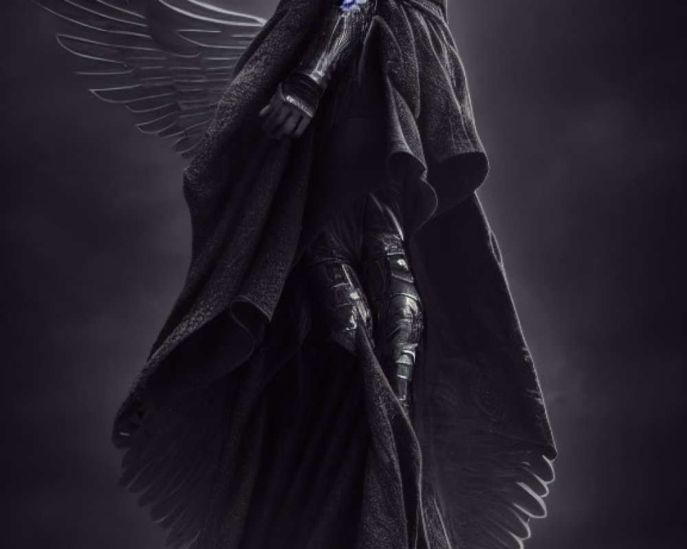 Medieval-style figure in dark armor with stylized wings under moody sky