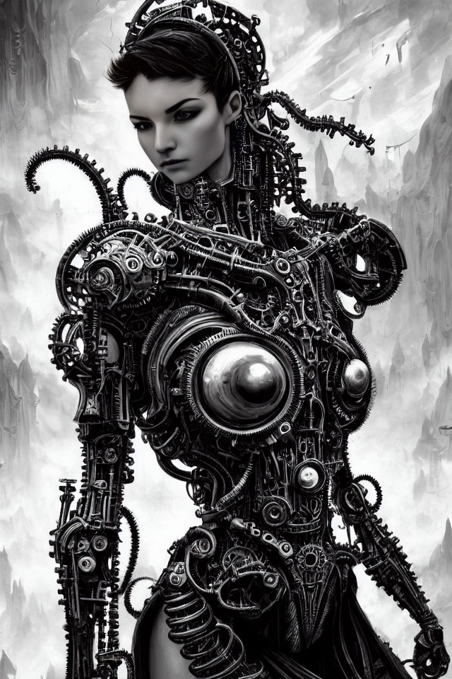 Monochromatic humanoid female robot with intricate mechanical details