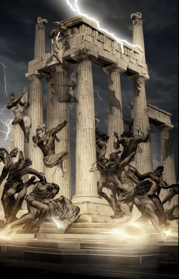 Dramatic stormy scene with classical sculptures and Greek ruins lit by lightning