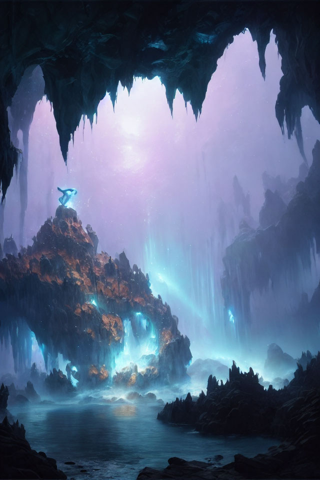 Mystic cave with stalactites, serene water, and radiant blue light