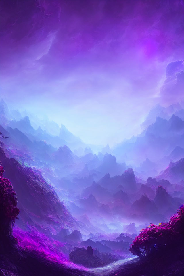 Purple Mountain Landscape with River and Glowing Light
