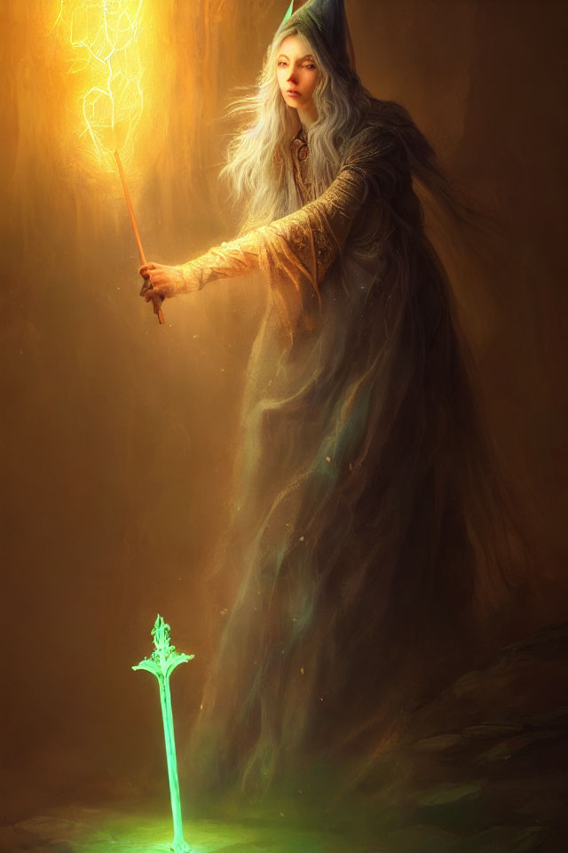 Mystical figure in robes with glowing staff emitting warm light