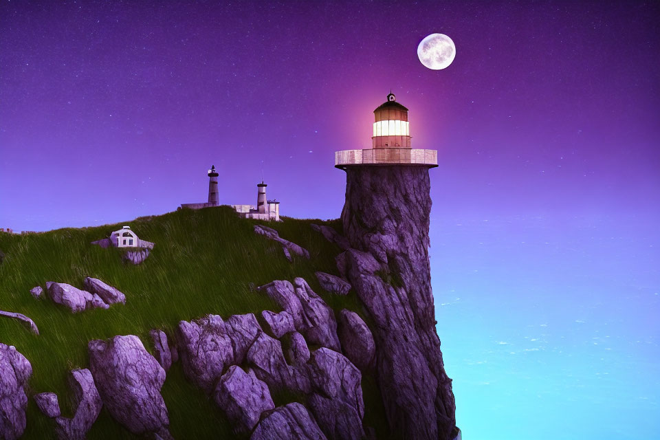 Lighthouse on rugged cliffs under starry sky with full moon