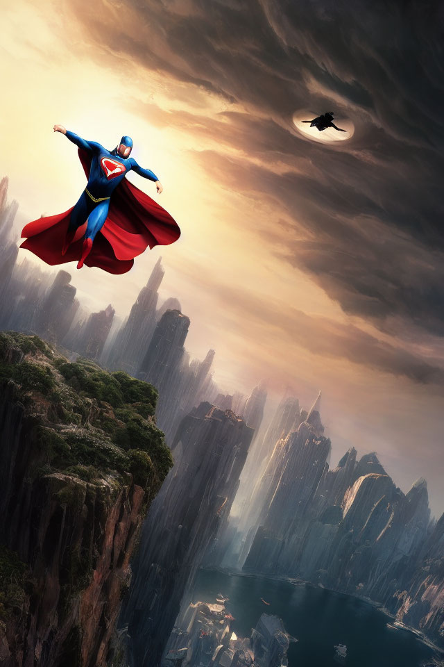 Superman flying over futuristic city with dark sky and hovering spacecrafts