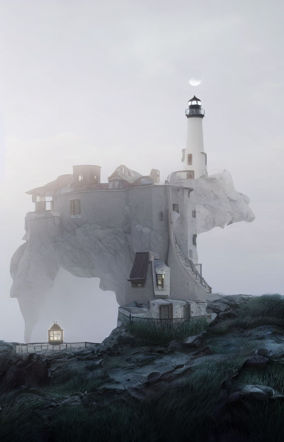 Surreal lighthouse with houses on rock formation under moonlit sky