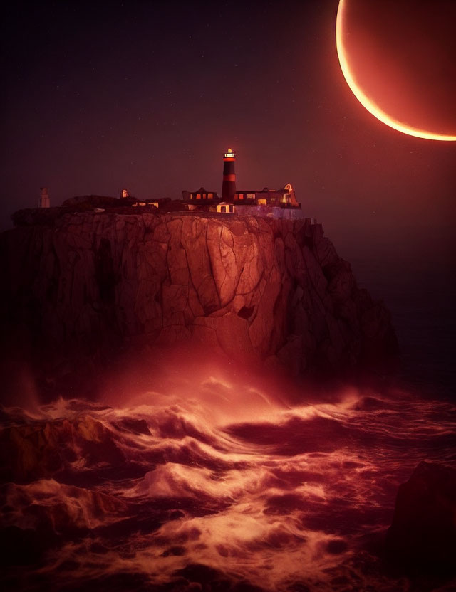Lighthouse on rugged cliff under red moon and turbulent waves
