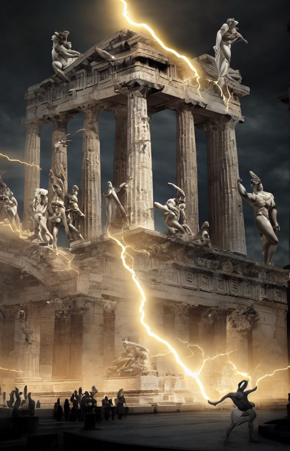 Ancient temple statues brought to life during lightning storm