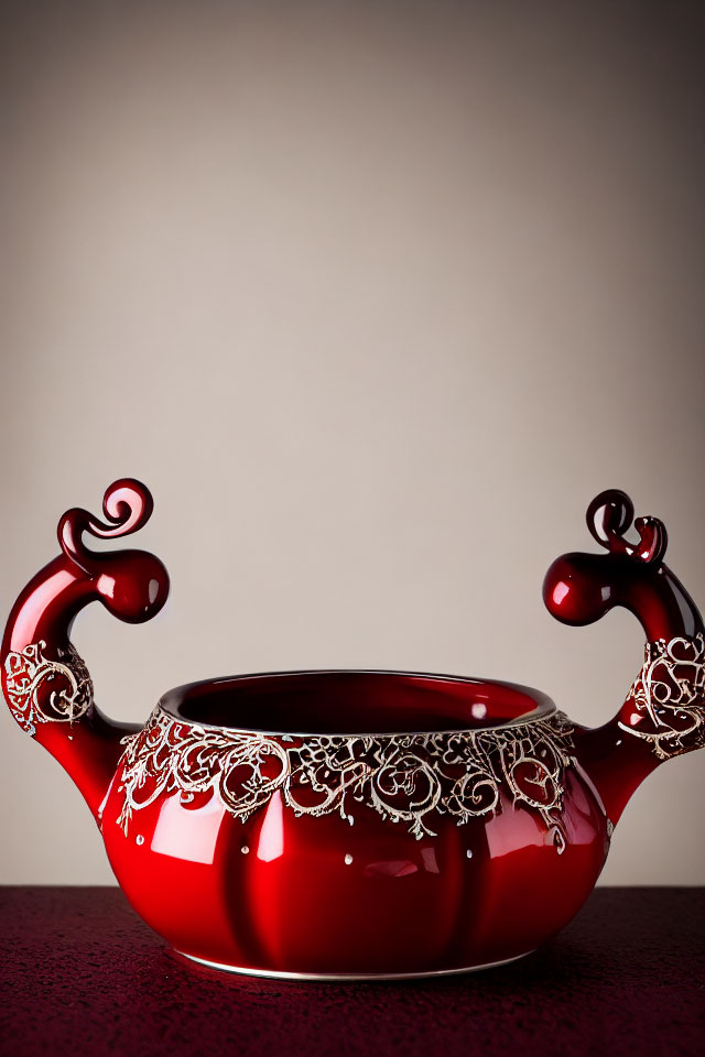 Red Teapot with Silver Patterns and Curled Handles on Gradient Background