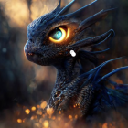 Majestic dragon head with orange eye and fiery backdrop