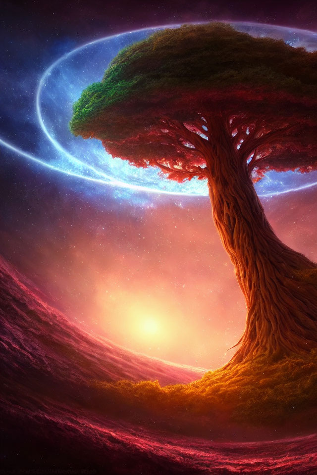 Majestic tree with vibrant canopy under celestial sky