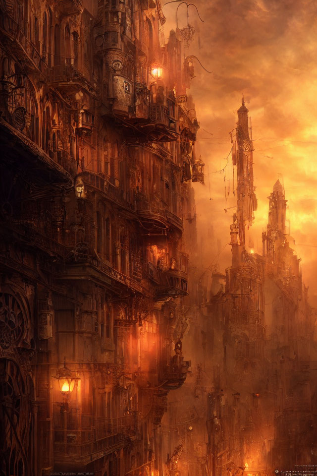 Detailed Golden Cityscape with Gothic Architecture and Misty Background