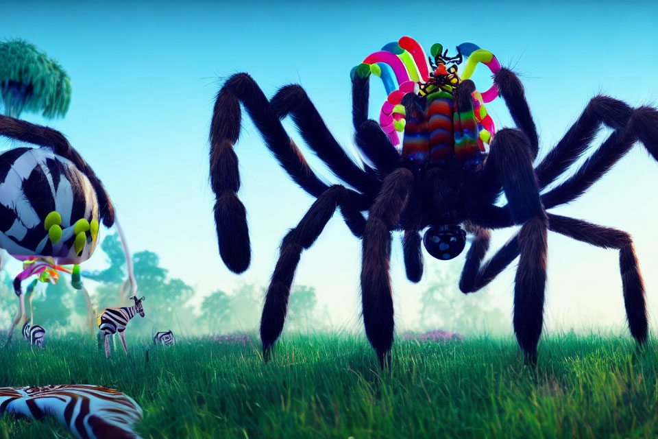 Colorful Giant Spider Illustration Surrounded by Zebra Creatures