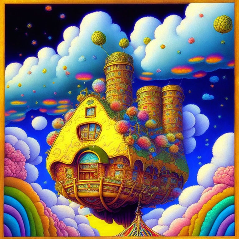 Whimsical Floating House Painting with Elaborate Towers