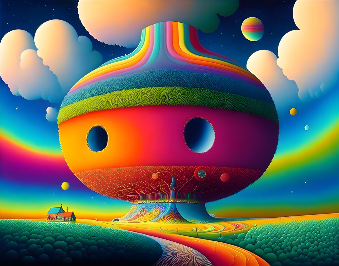 Vibrant surreal landscape with mushroom structure and planets