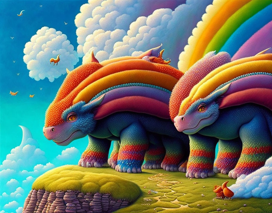 Vibrant illustration: rainbow dragons in fantasy landscape