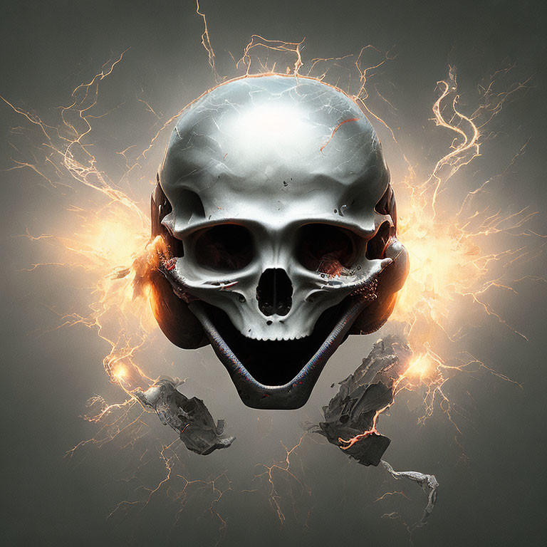 Metallic skull with glowing eyes in orange energy and lightning on dark background