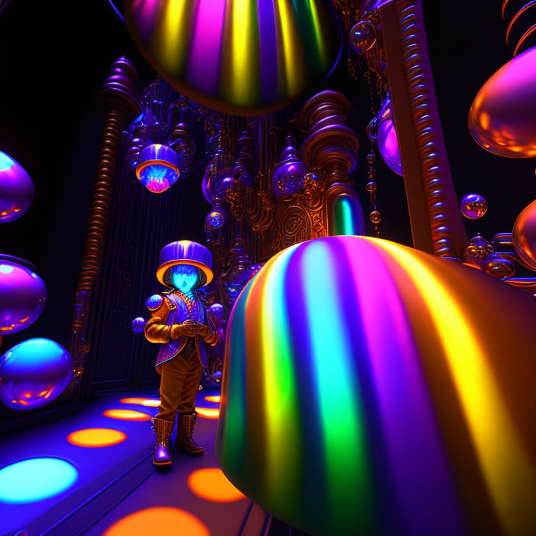 Colorful surreal scene with character in plumed hat and orbs.