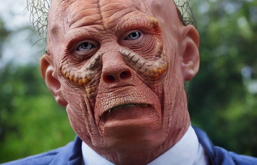 Detailed close-up of person in wrinkled alien mask with large eyes, no nose, small mouth,